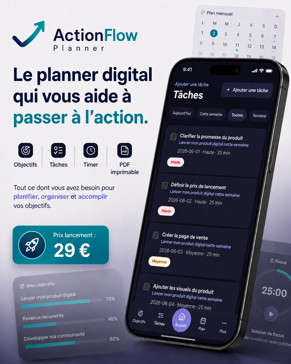 Aperçu d'ActionFlow Planner sur écran mobile