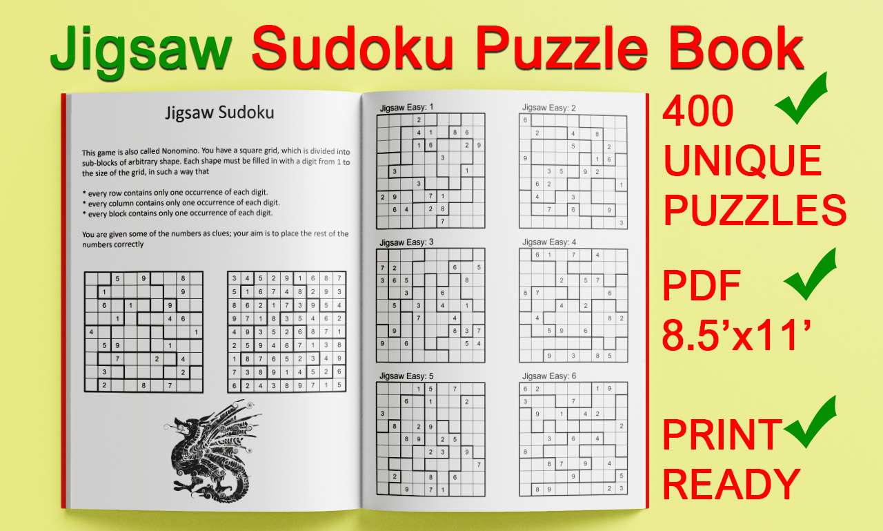 Jigsaw Sudoku Puzzle Book 400+ Unique Puzzles Source File Included!