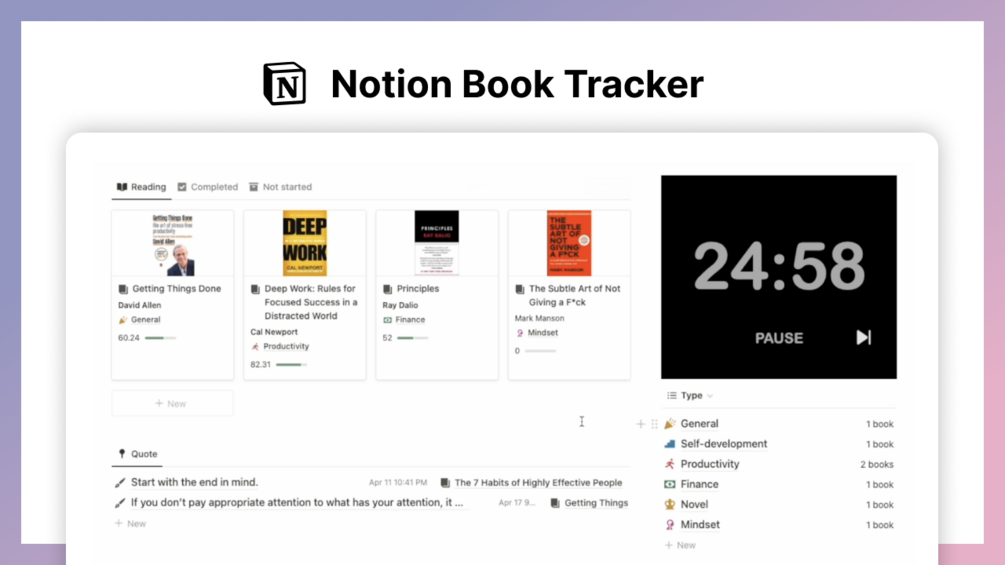 Notion Ultimate Book Tracker Pomodoro Timer 