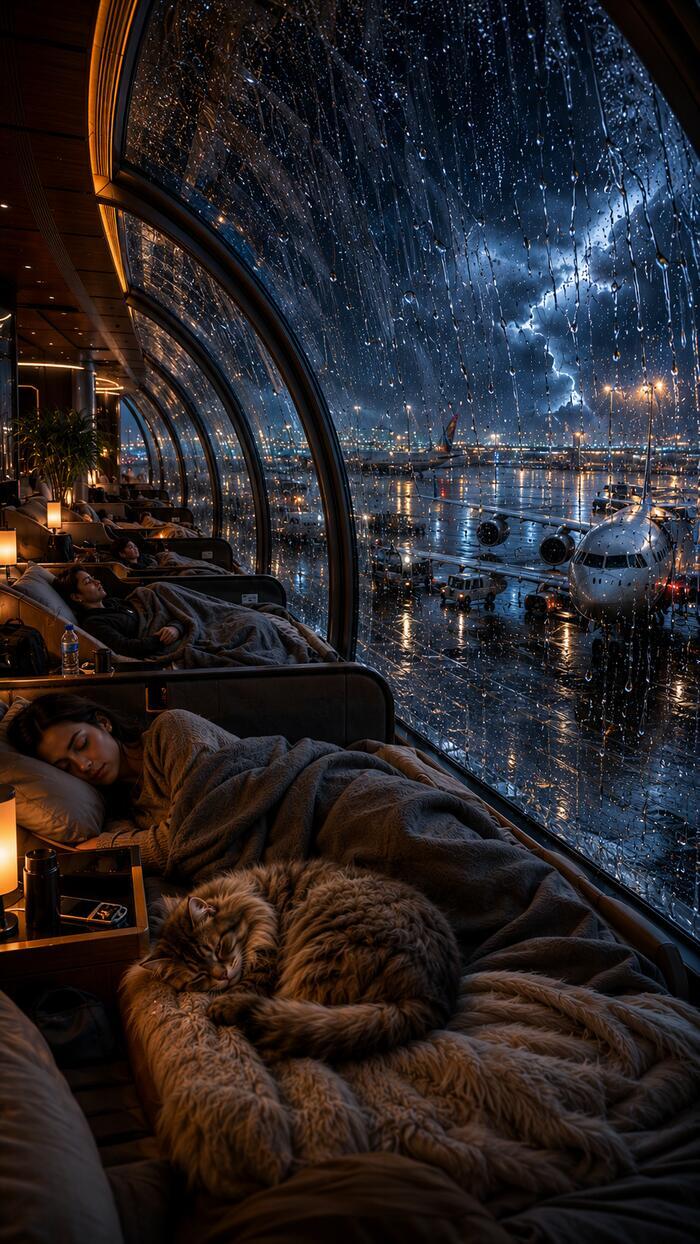 Woman and cat sleeping in an airport lounge during a storm