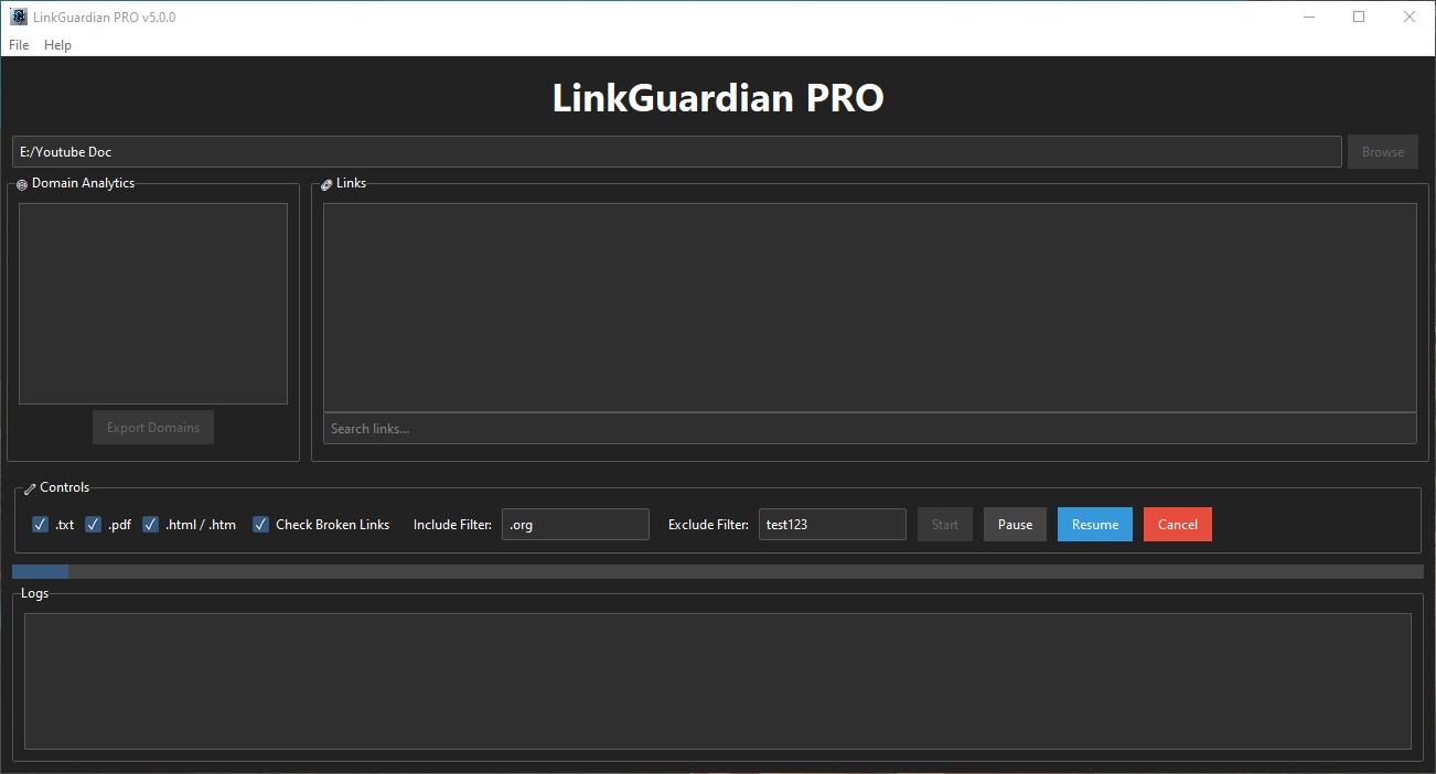 LinkGuardian PRO Filters and Controls - Include/exclude filters, file type selection, and pause/resume/cancel scanning controls