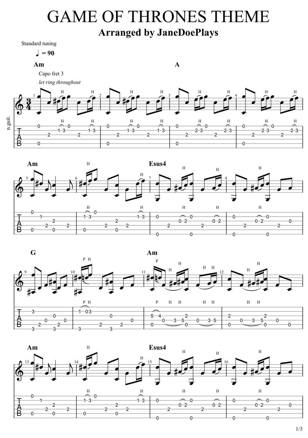 Game of Thrones (Theme) Fingerstyle Guitar TABS