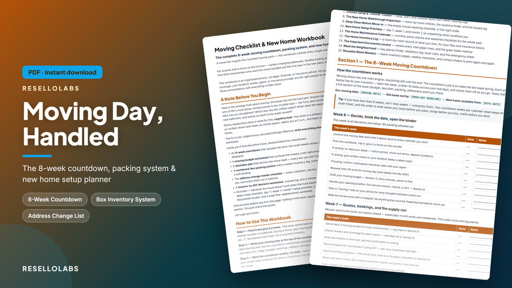 Moving Checklist & New Home Workbook (Printable PDF)