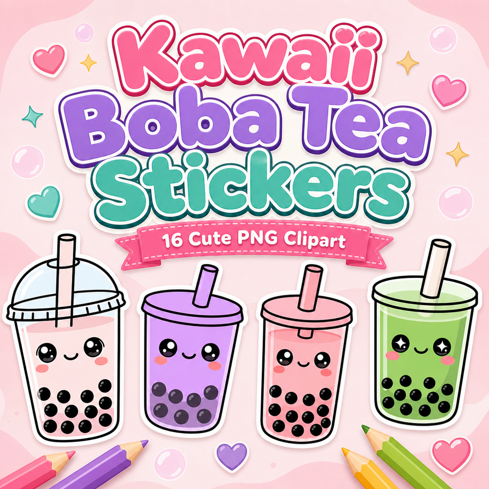 Set of 16 cute kawaii boba tea clipart stickers in soft pastel colors, transparent PNG
