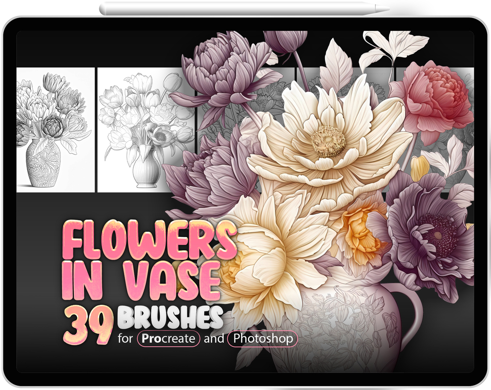 39 Flowers in vase Stamp Brushes Collection for Procreate and Photoshop by ProCreativeBreeze