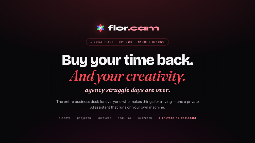 The flor.cam desk: a dark studio dashboard showing today's brief, clients, projects and invoices side by side.