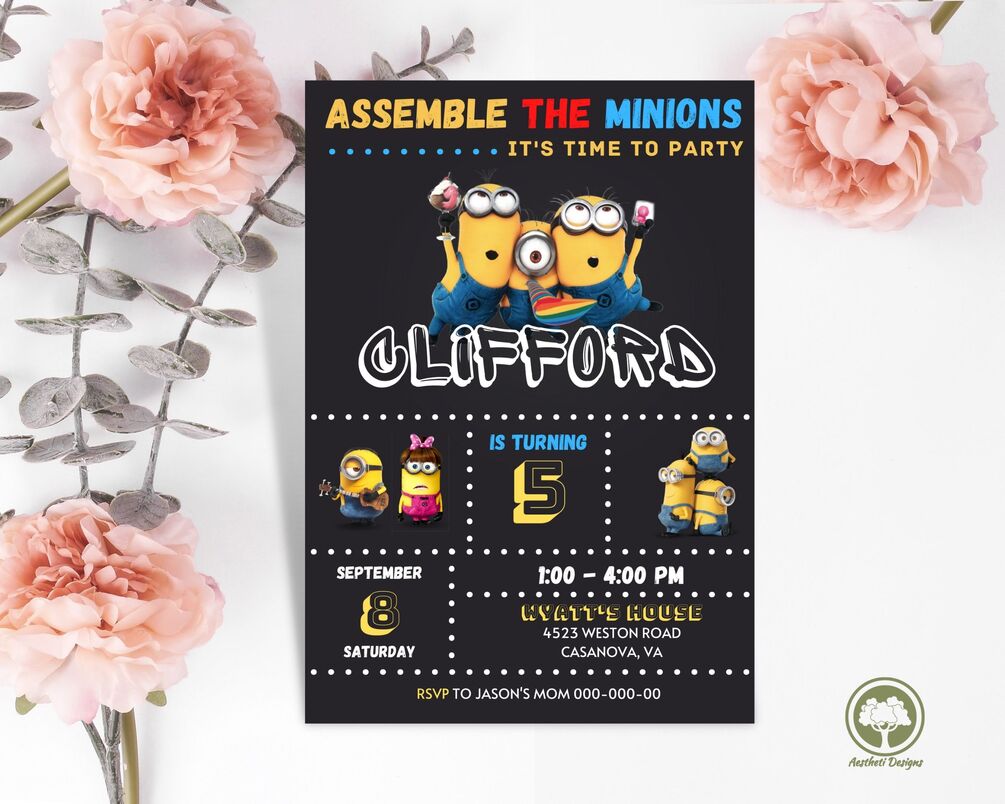 Dark Assemble the Minions Birthday Party Invitation