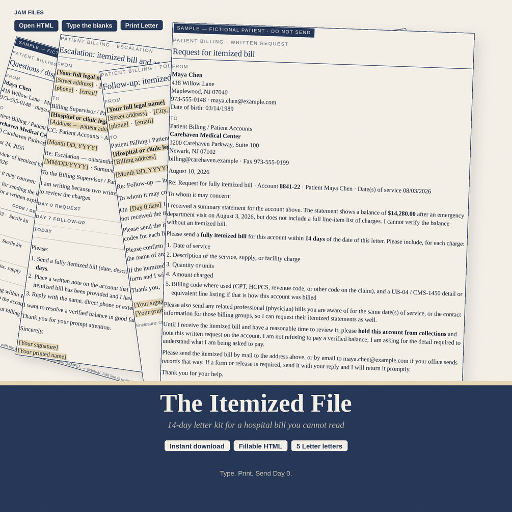 The Itemized File — 14-day letter kit for a hospital bill you cannot read
