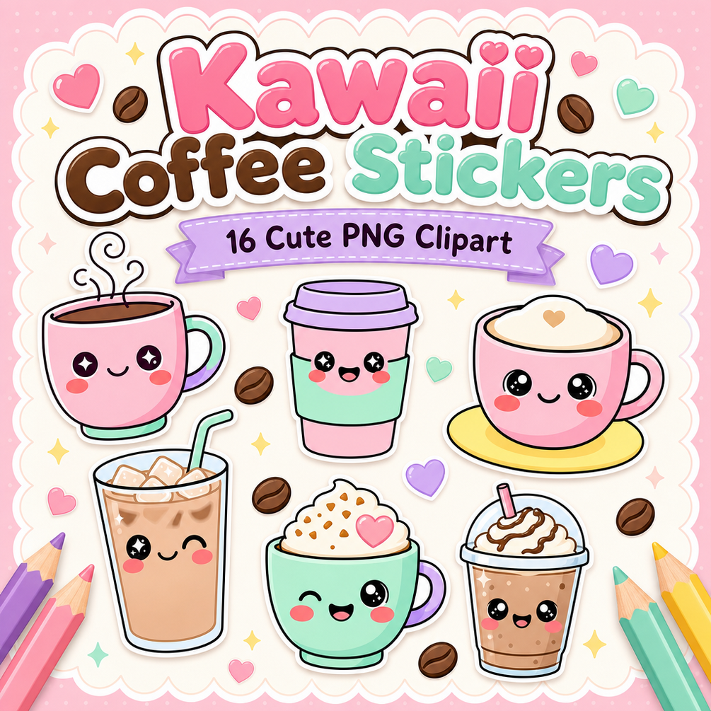Set of 16 cute kawaii coffee clipart stickers in soft pastel colors, transparent PNG