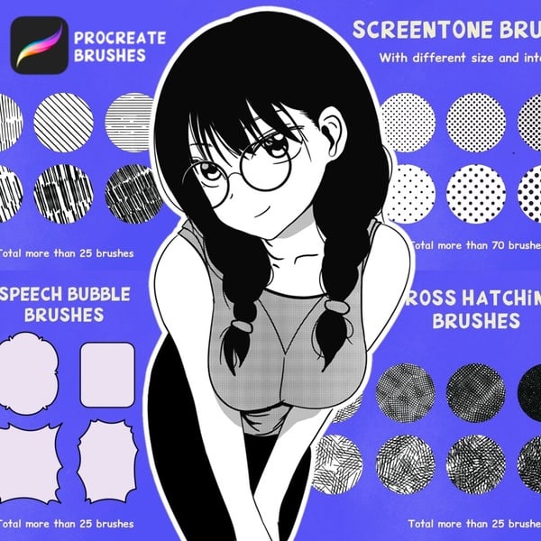 200 Procreate Manga brushes, Manga canvas template, manga screentone, and more (free update) - Procreate Brush Pack