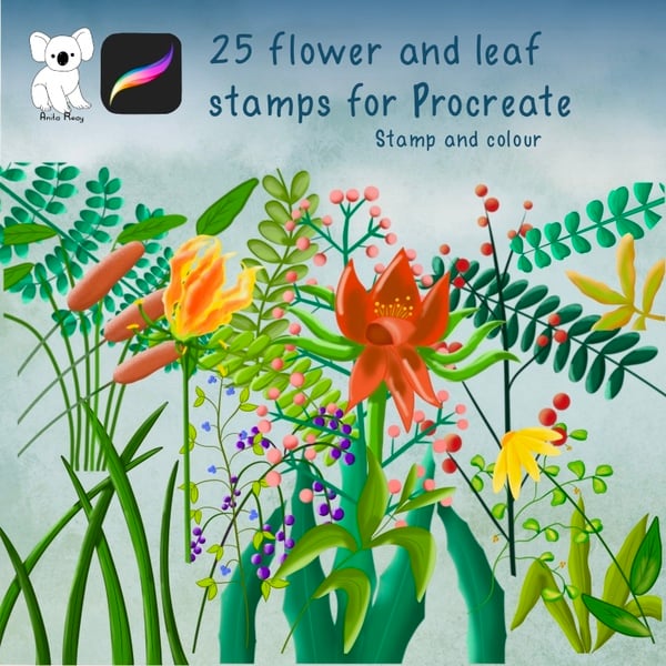 25 flowers and leaves stamps for Procreate on iPad by Anita Reay