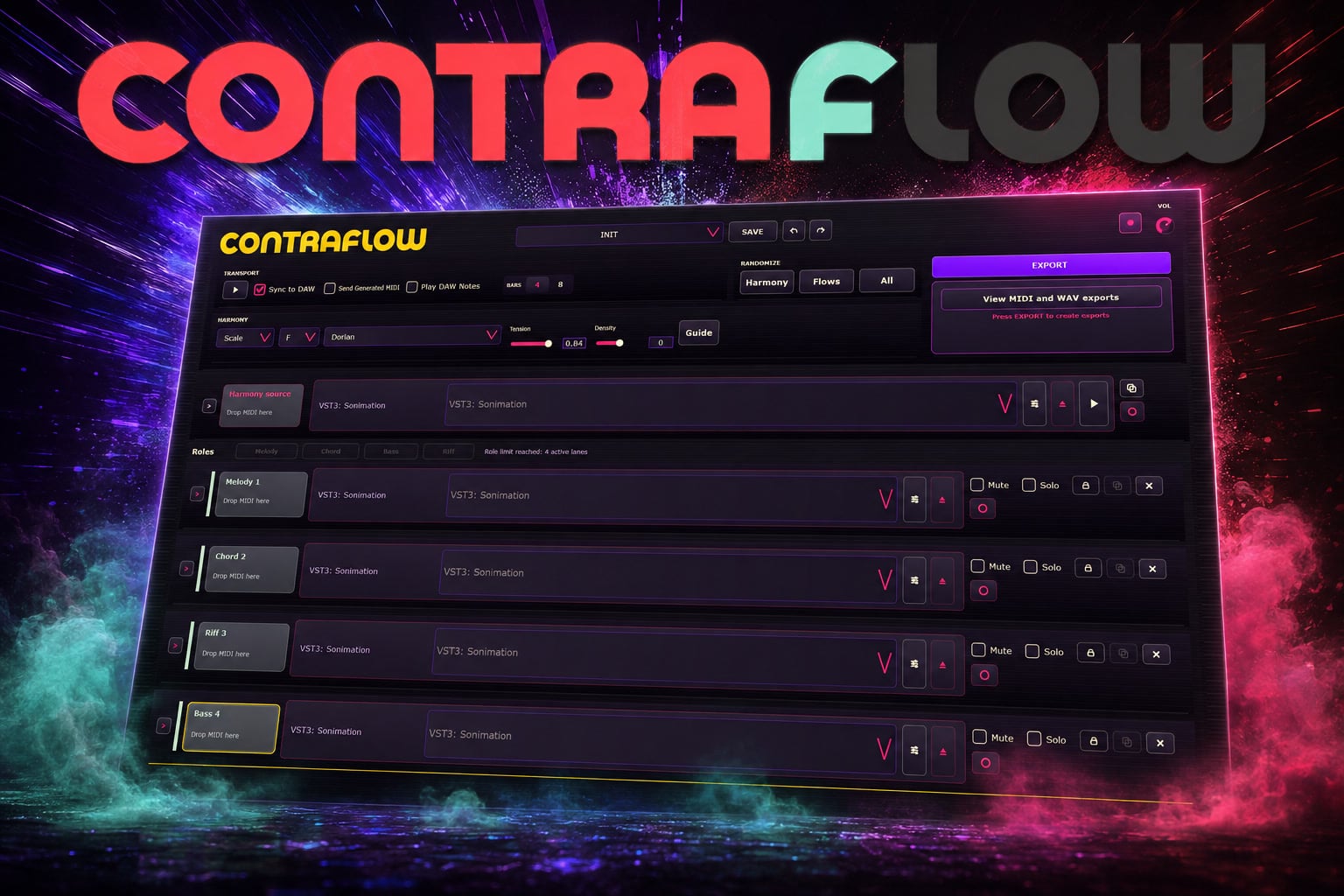 Contraflow product artwork showing four role lanes and instrument hosting