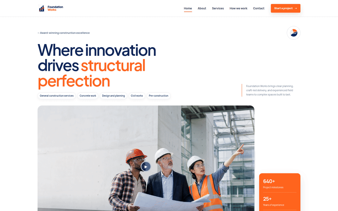 Wide desktop walkthrough GIF for Foundation Works — Construction Company Website Template
