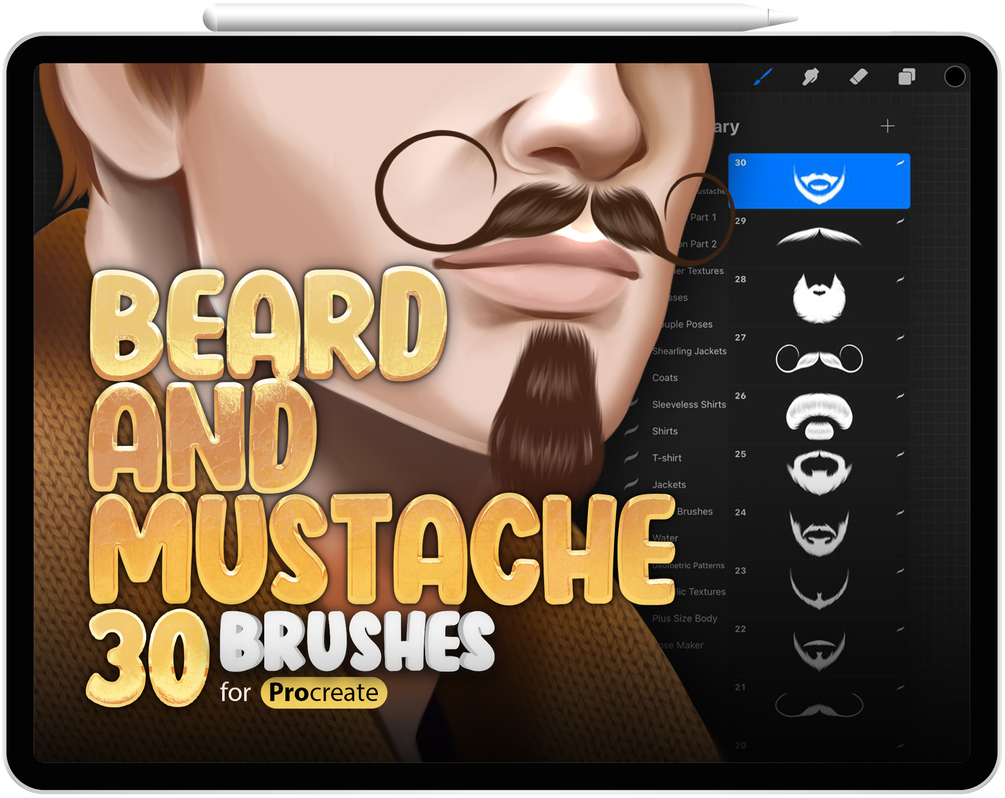 30 Procreate Beards and Mustaches Stamp Brushes Collection by ProCreativeBreeze