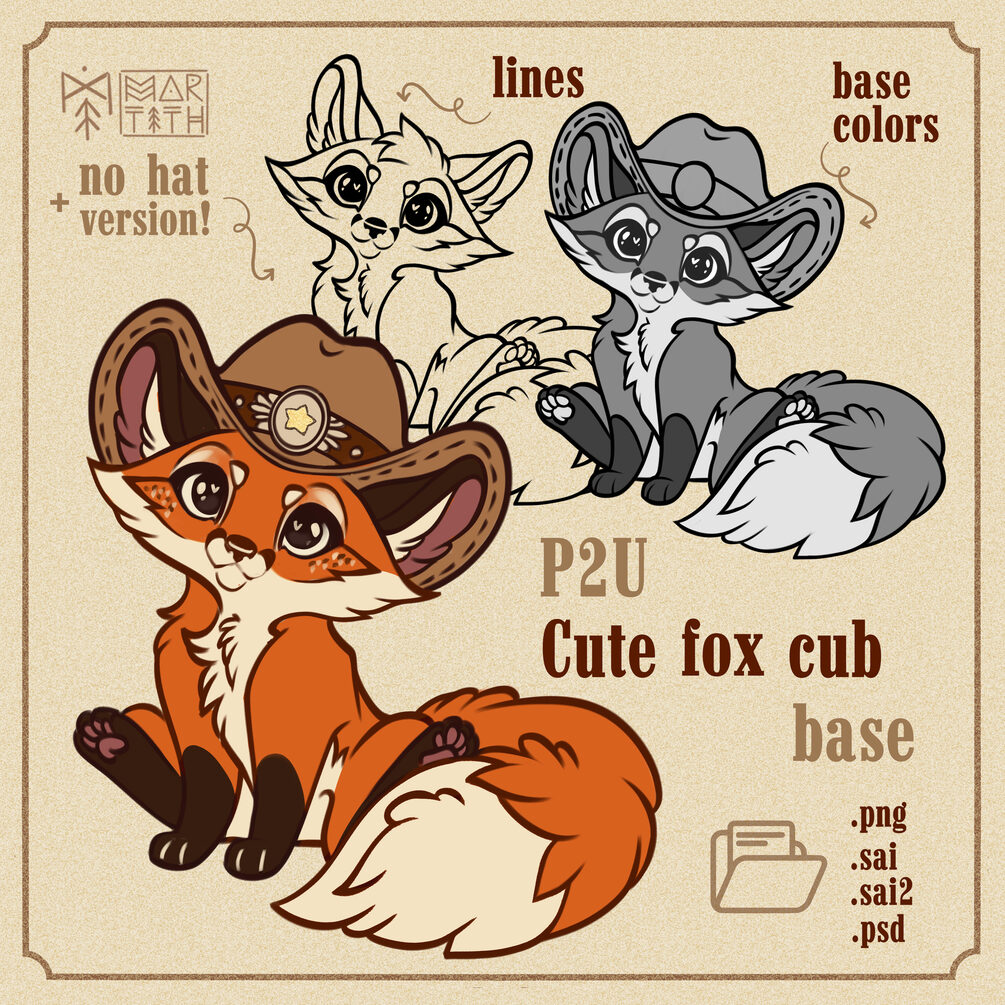 P2U Cute Cowboy Fox Cub base | Fox Base | Baby fox Base | Lineart