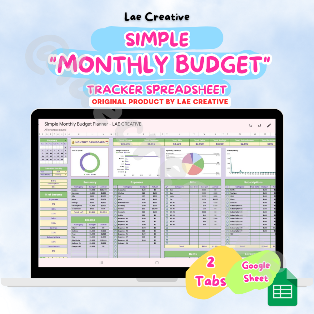 Lae Creative – Simple Monthly Budget Tracker Spreadsheet | Digital ...