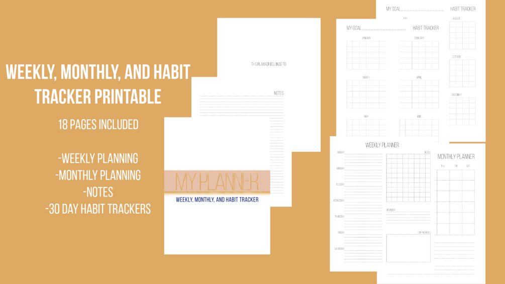 Weekly, Monthly and Habit Tracker Printable PDF 8.5 inch x 11 inch
