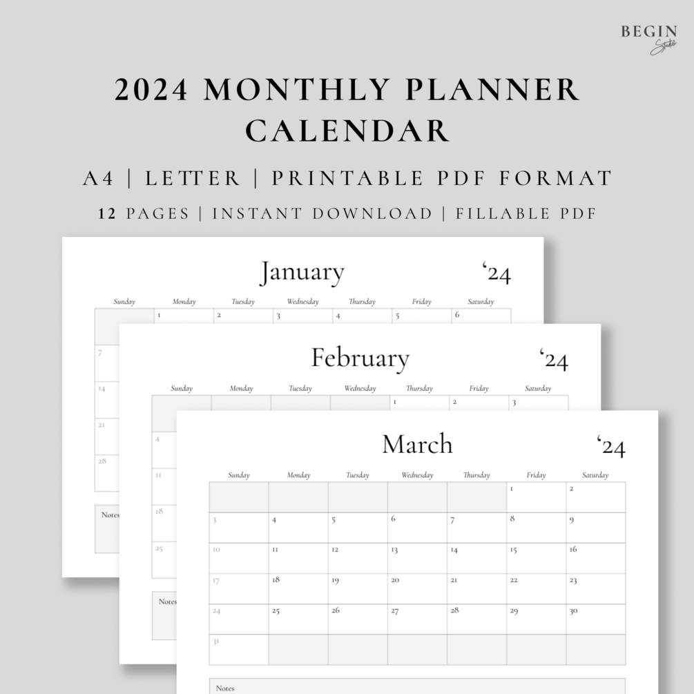 2024 Monthly Planner Printable Dated Calendar Pages Digital 2024