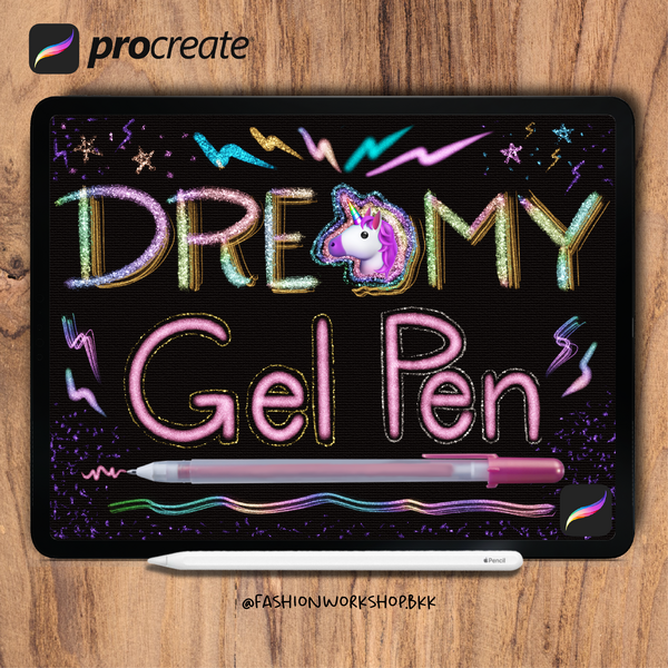 DREAMY GEL PENS Glitter Brushes Metallics and Rainbow Unicorn Brushes for Procreate App. 9 Brushes total by Fashion Workshop with Nhoo Matthews
