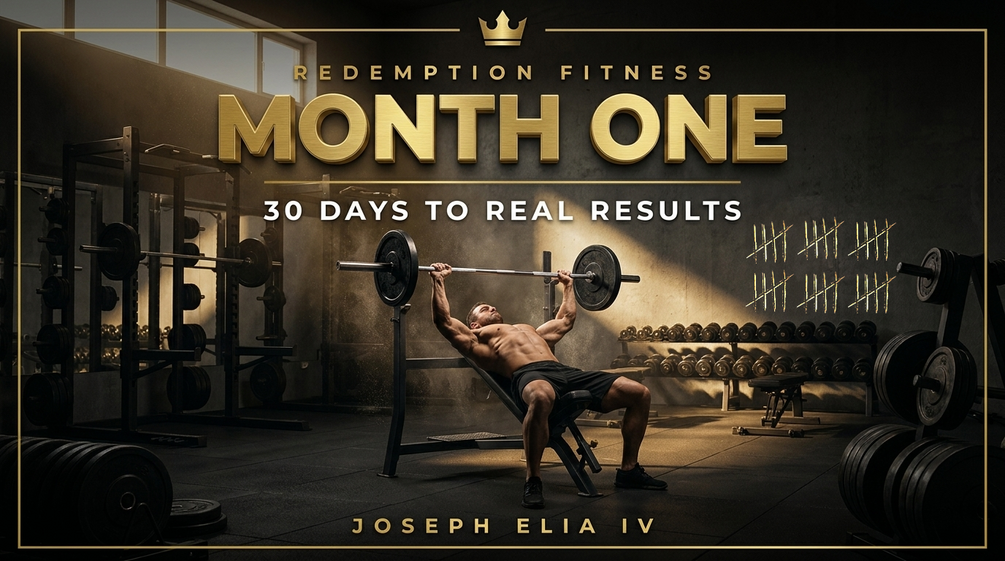 MONTH ONE — the cover: day one in grey on the left, day thirty under golden gym light on the right.