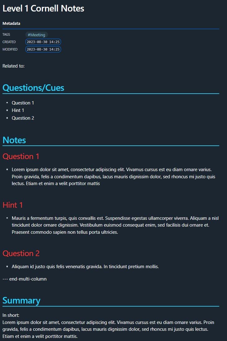 Obsidian Template For Cornell Notes Level