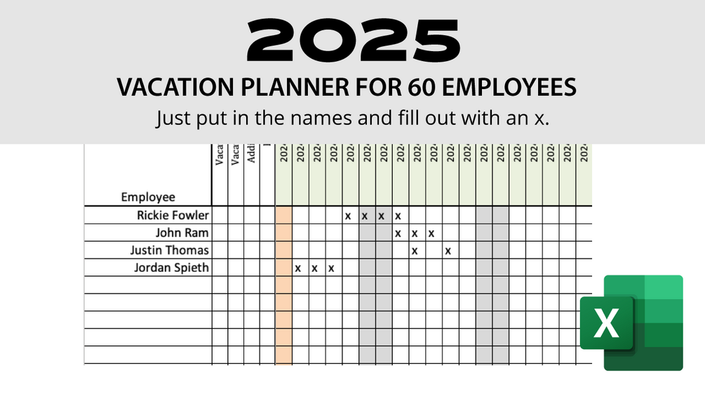 Vacation Planner 2025 For 60 Employees Excel Template 