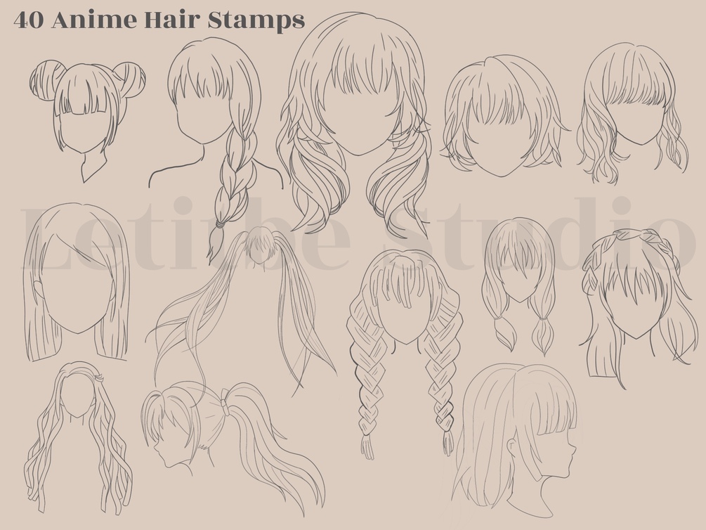 Procreate Manga Hairstyles Stamps. Anime Girl Hairstyle Stamp 