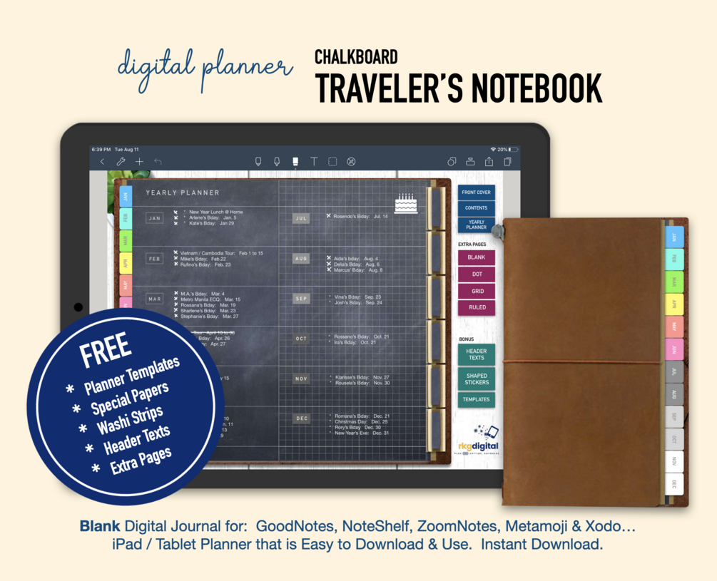 Undated Digital Planner CHALKBOARD Traveler's Notebook Style Basic Set
