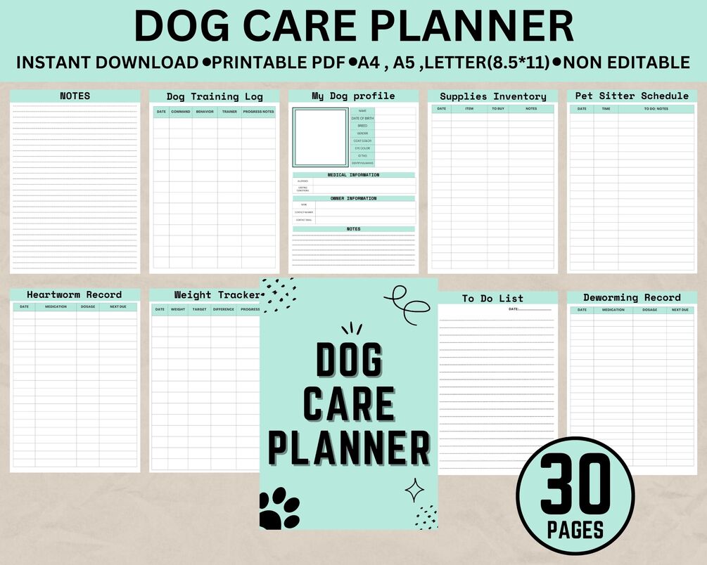 Dog Care Planner Printable Bundle, Dog Care Organizer, Dog Planner, Dog ...