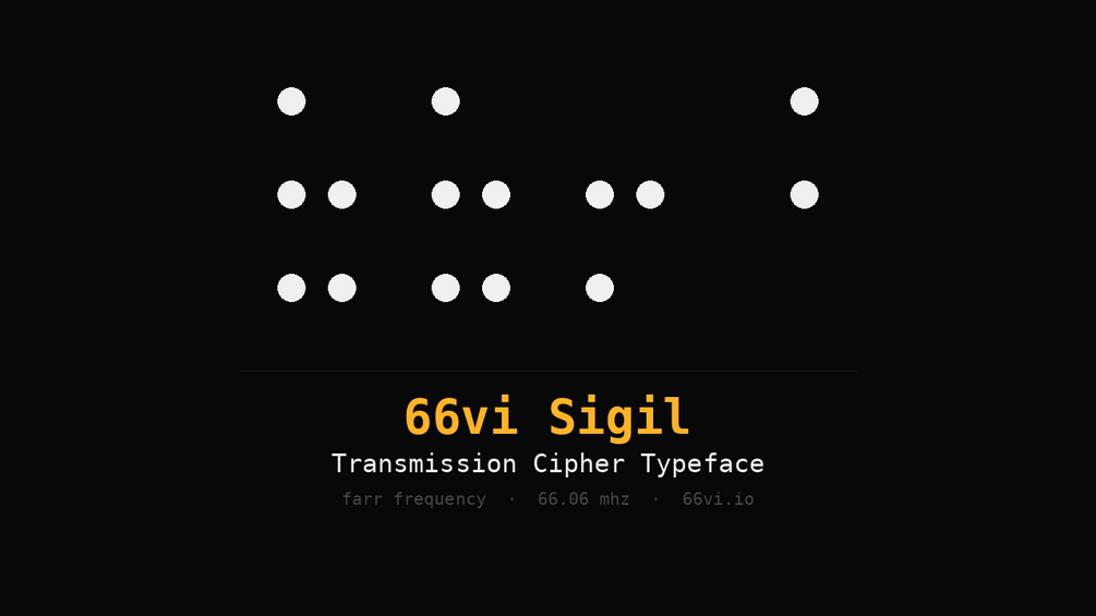 66vi Sigil typeface specimen — the cipher alphabet rendered in phosphor green
