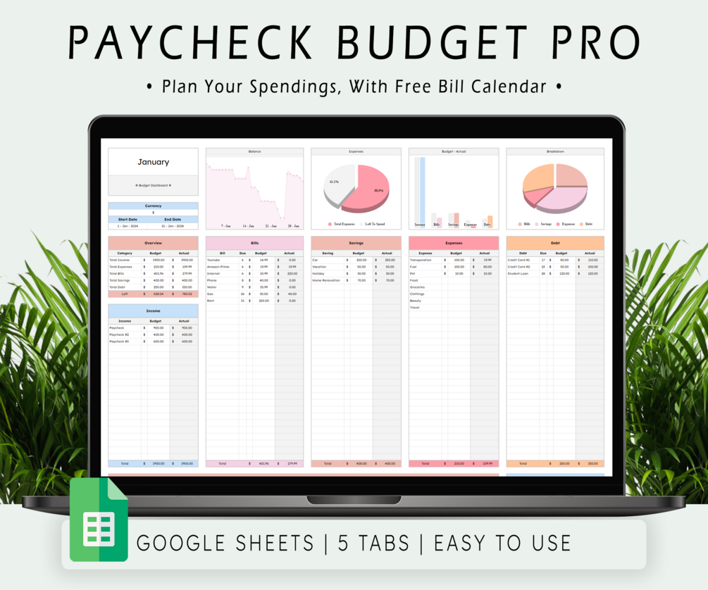 Paycheck Budget Pro Spreadsheet For Google Sheets, Budget Tracker ...