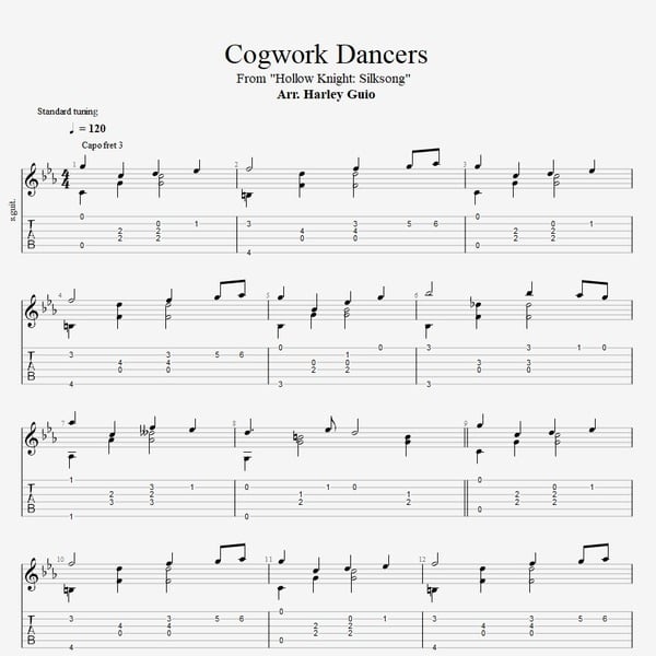 Cogwork Dancers (Hollow Knight: Silksong) fingerstyle guitar tab PDF by Harley Guio