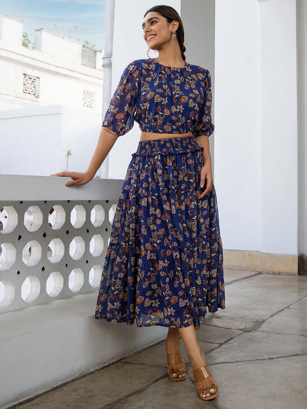 Floral Co-Ord with Lace Insets and Statement Belt - Powder Blue