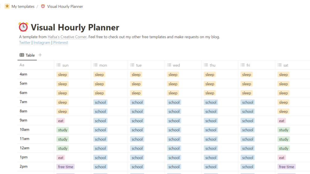 Notion Hourly Planner Template Free