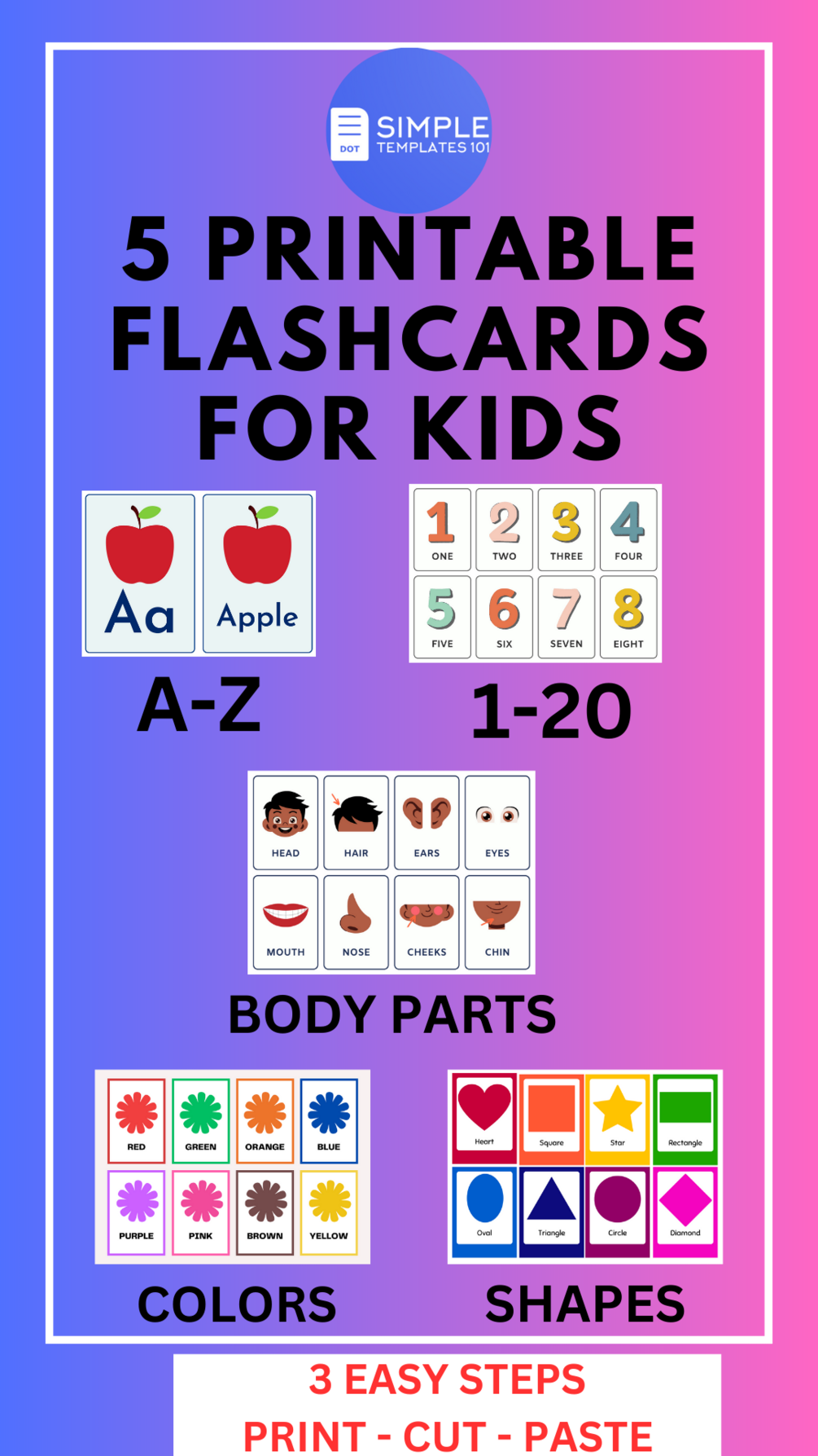 5 Printable Learning Flashcards For Kids 2 yrs and Up