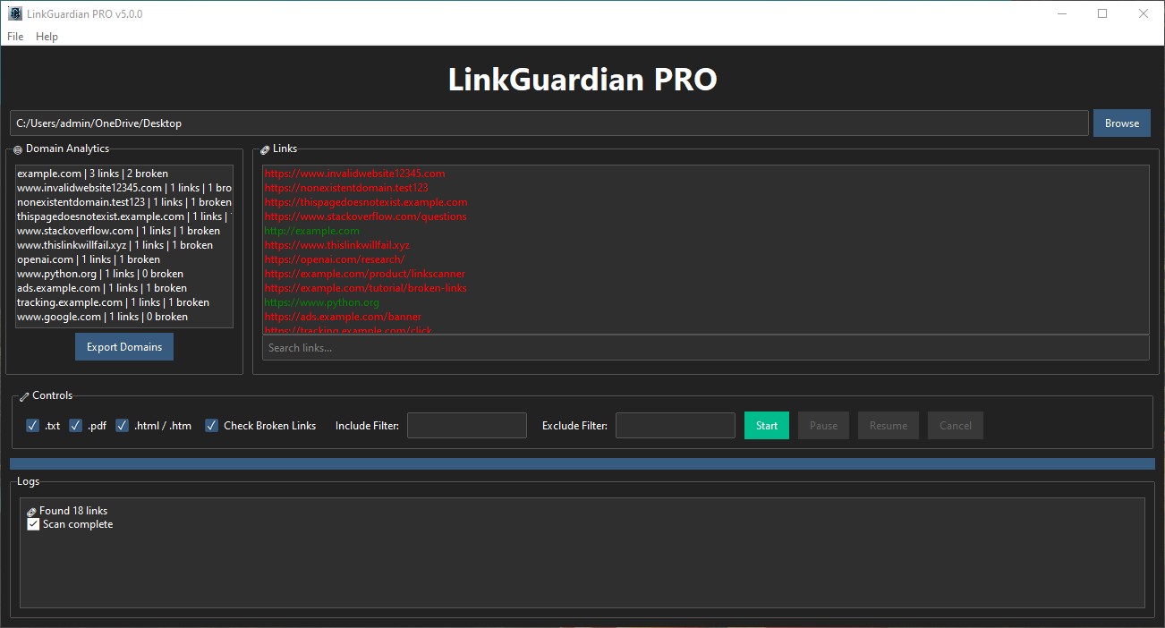 LinkGuardian PRO Logs and Status - Real-time logs of scanning progress and actions