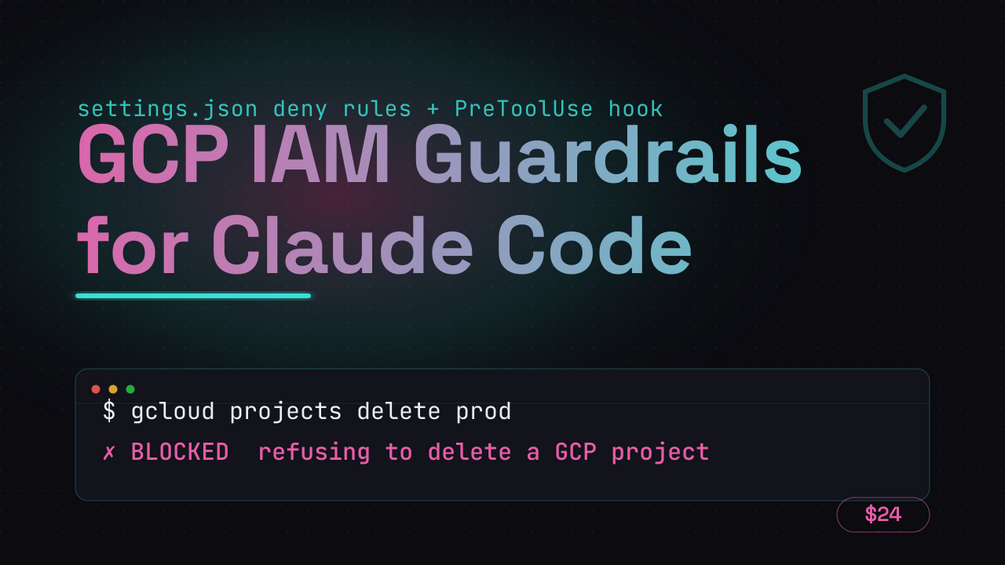GCP IAM Guardrails for Claude Code — cover showing a blocked 'gcloud projects delete prod' command