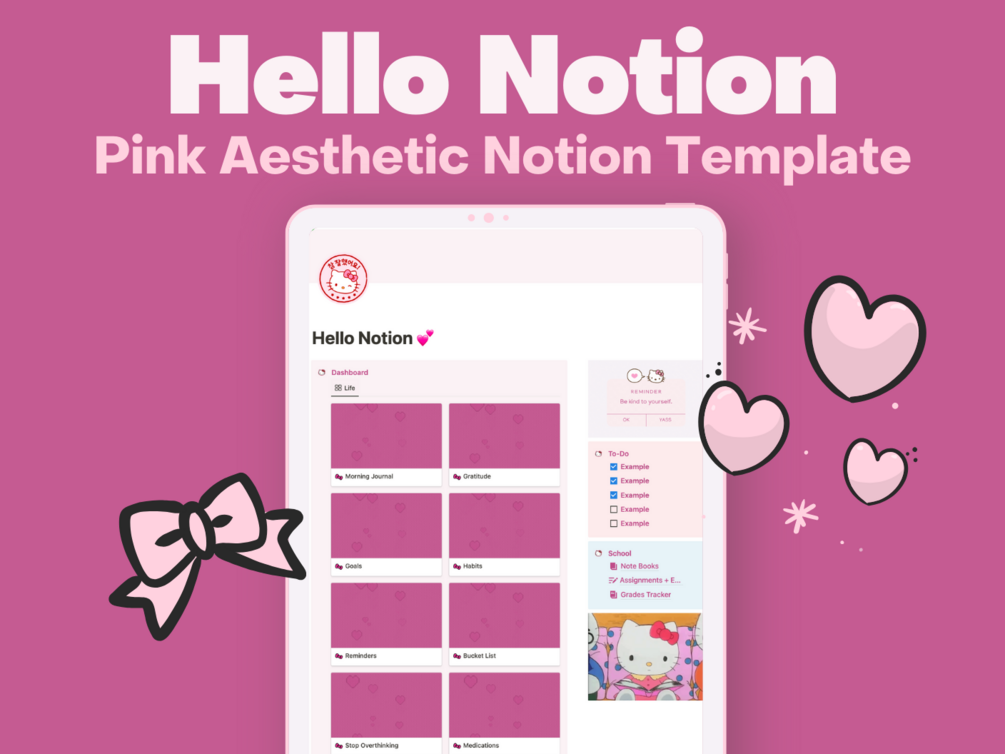 HELLO NOTION Cute Pink Aesthetic Kitty Theme Notion Template Best