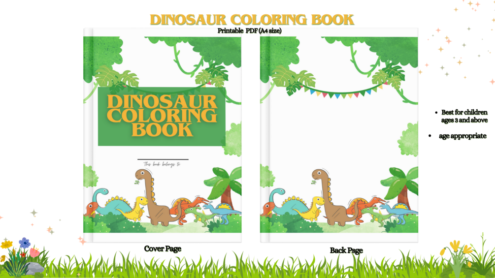 Printable A4 size PDF| Dinosaur Coloring Book | for 3+ ages