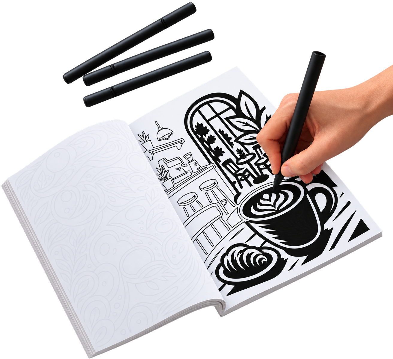 A hand coloring a finished MARKMELLOW page with a black marker in the paperback