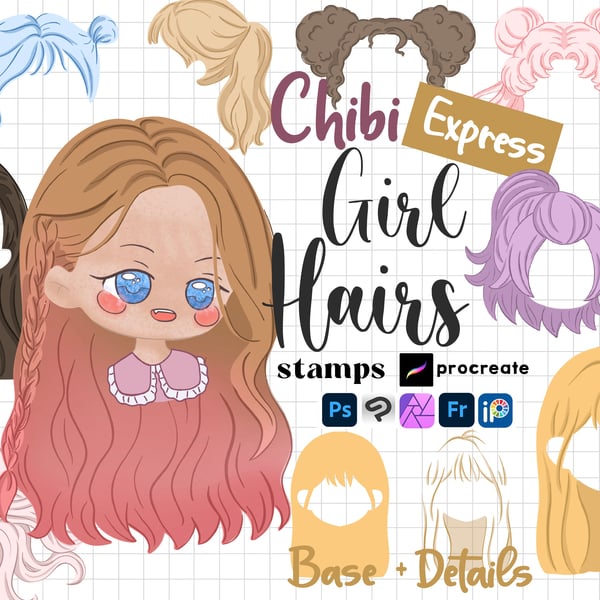Procreate Chibi Hair Stamps Chibi Hairs Guides Procreate Kawaii Clip Studio by ArtPrintBabe