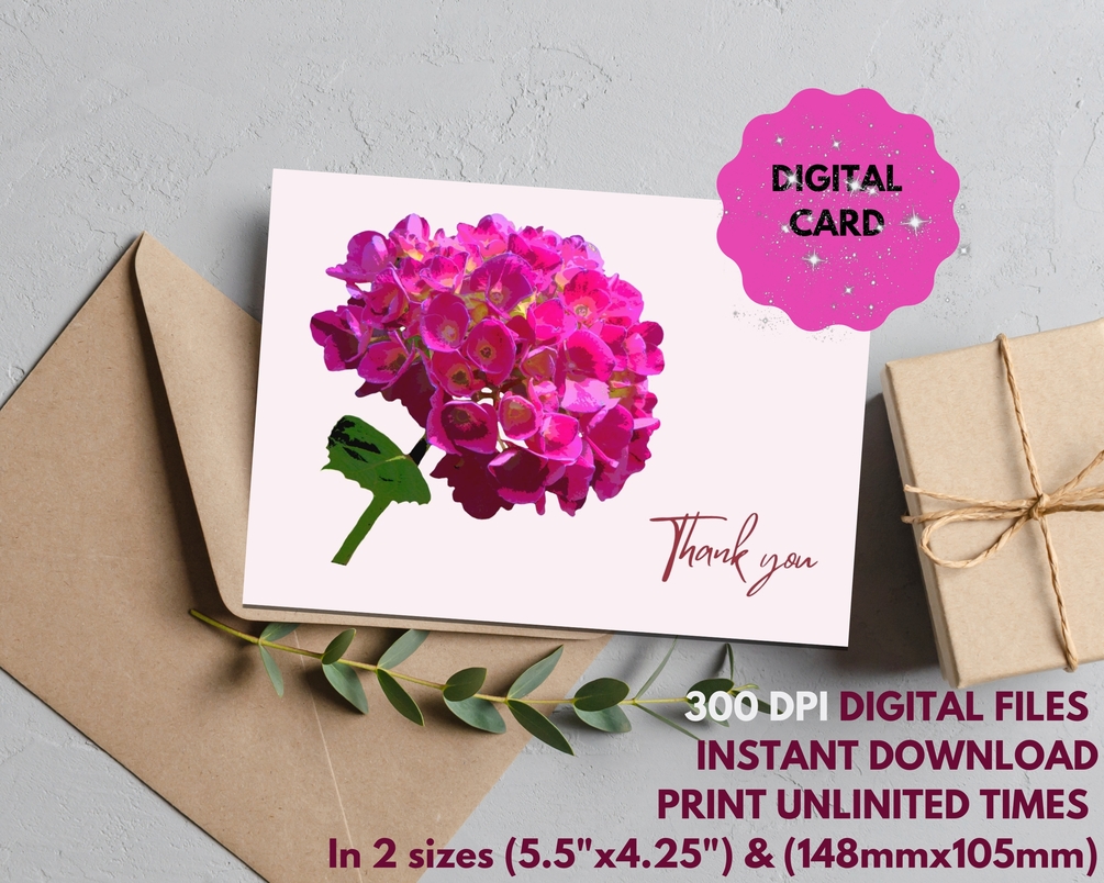 HYDRANGEA PINK FLORAL Thank You Postcard,Instant download,Cute Digital ...
