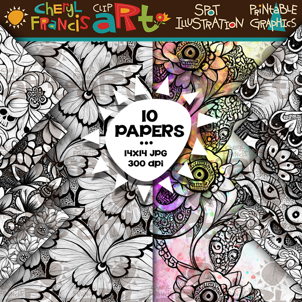10 Scratchboard Style Sketchy Coloring Papers 1.4