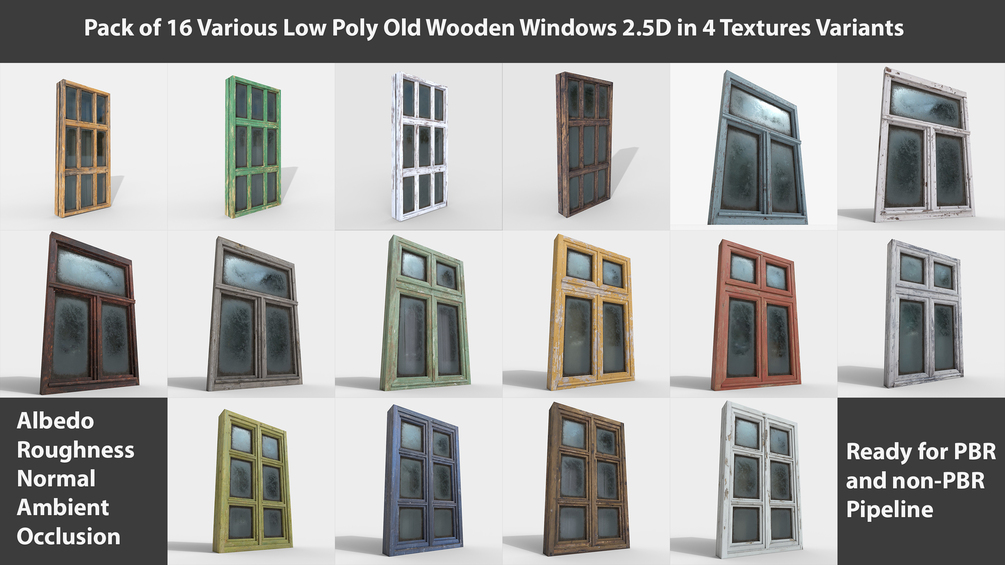 Pack of 4 Different Old Wooden Windows PBR Low-poly 3D model