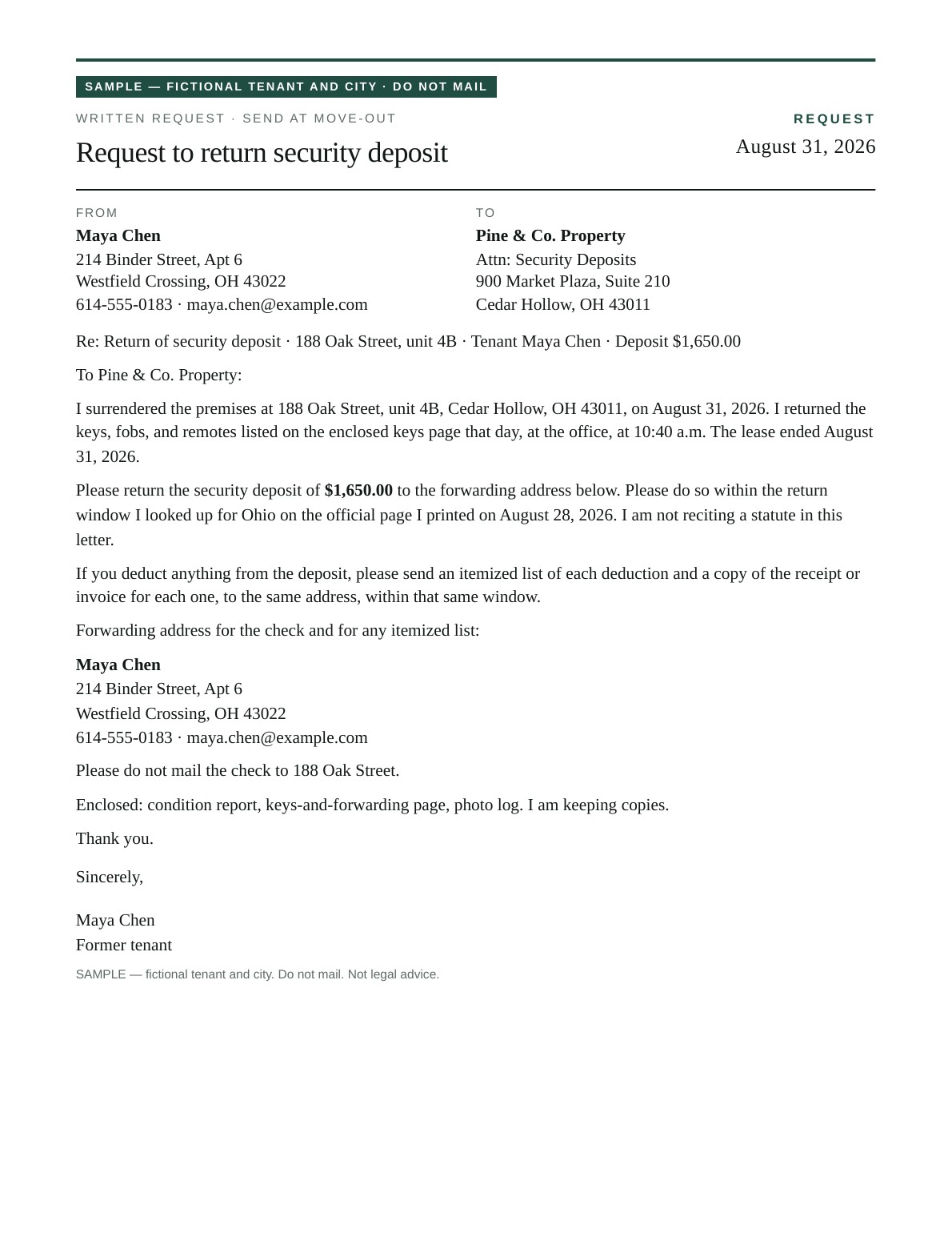 Return request letter asking Pine & Co. to send the $1,650 deposit to a forwarding address