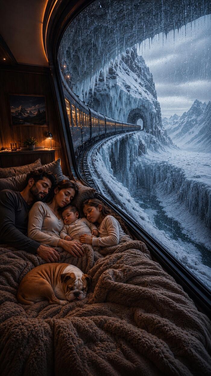 Family sleeping on a train passing through a frozen ice tunnel