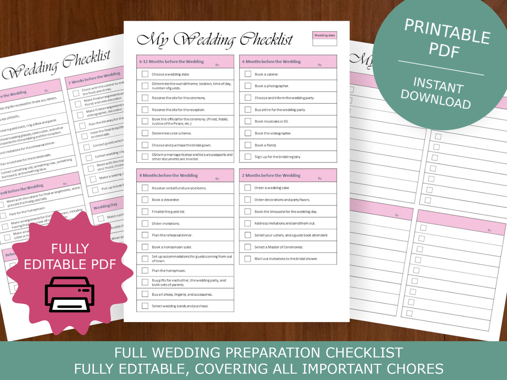 Wedding Planning Checklist printed & Laminated 