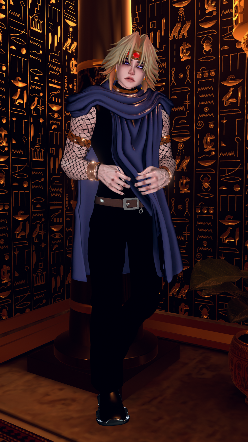 Ankhu — full body in the lapis shawl before a wall of gold hieroglyphs