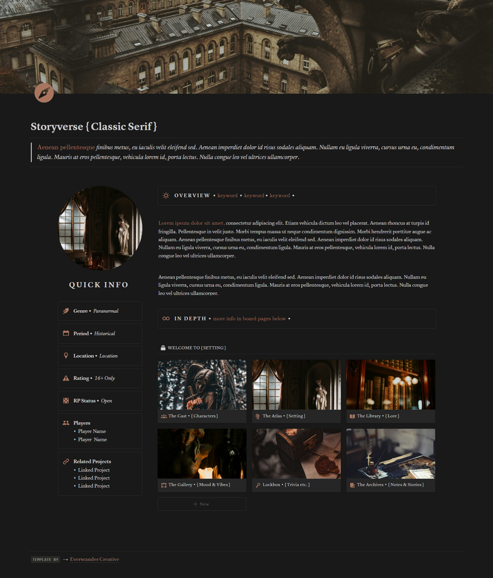 Story & Character Database {Classic Serif - Dark Academia} Notion Template