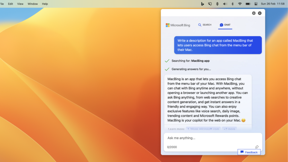 💬 MacBing - Bing Chat for Mac